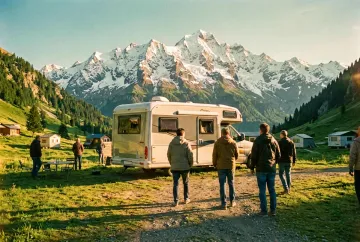 Wohnmobil auf einem Camping-Platz im Stubaital mit Bergen im Hintergrund