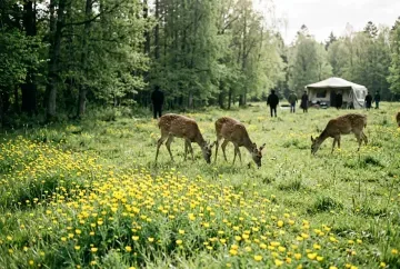 Frühlingswiese mit gelben Wildblumen und zwei grasenden Rehen am Waldrand vor entferntem Wohnwagen