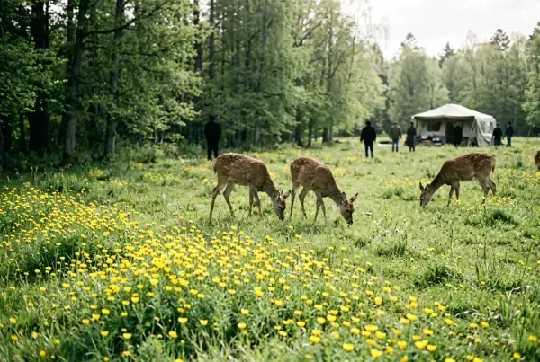 Frühlingswiese mit gelben Wildblumen und zwei grasenden Rehen am Waldrand vor entferntem Wohnwagen