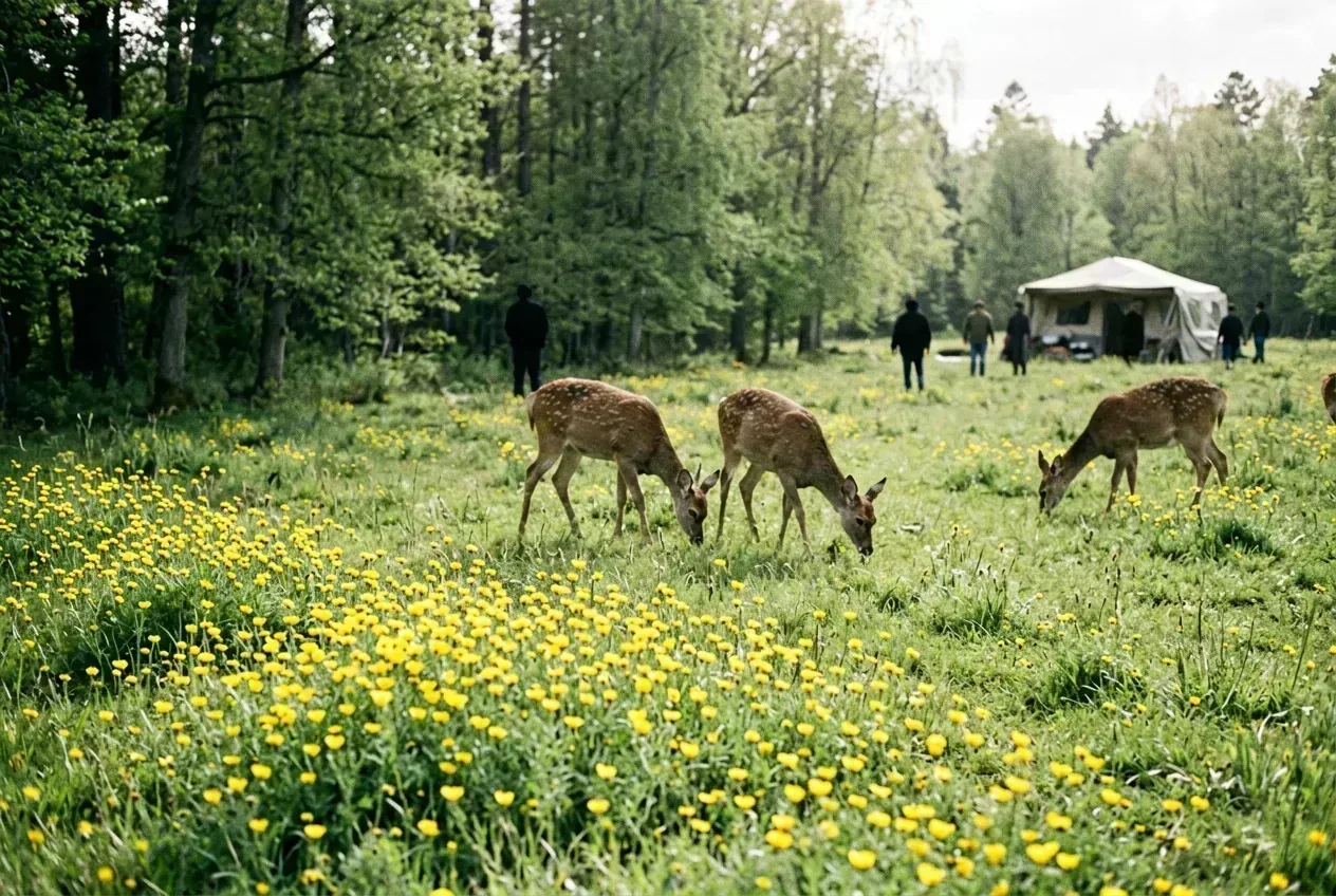 Frühlingswiese mit gelben Wildblumen und zwei grasenden Rehen am Waldrand vor entferntem Wohnwagen