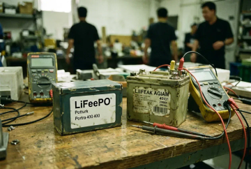 LiFePO4- und alte AGM-Batterie nebeneinander auf Werkbank mit Multimeter-Sonde