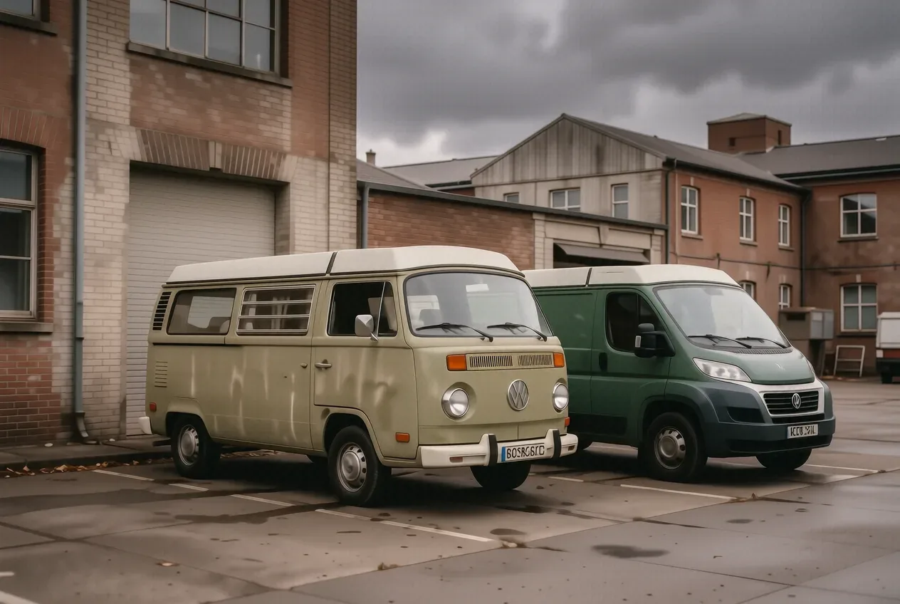 Pössl Roadcruiser und Westfalia Columbus Kastenwagen nebeneinander vor dem VW-Werk Hannover