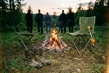 Kleines Lagerfeuer am Abend mit Marshmallow-Stab und Kindergummistiefeln im Vordergrund