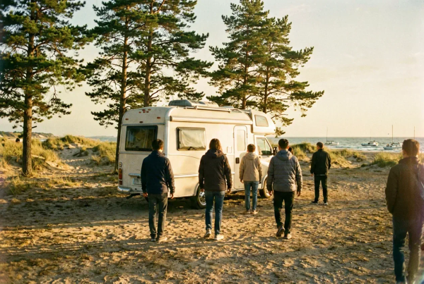 Wohnmobil auf einem polnischen Ostsee-Stellplatz mit Kiefernwald