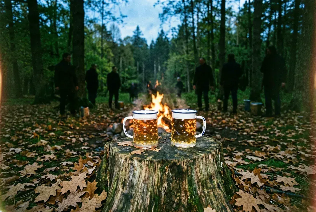 Herbstliches Lagerfeuer im Bayerischen Wald mit zwei Emaille-Bechern Glühwein auf einem Baumstumpf