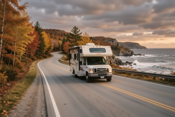 RV auf der Cabot-Trail-Straße in Cape Breton Highlands mit Atlantik-Ozean rechts und herbstlich verfärbten Ahornbäumen links