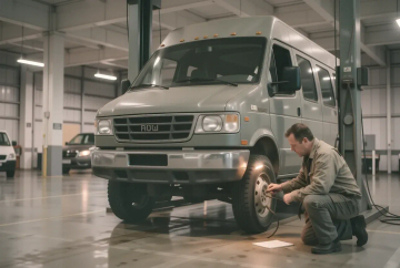 Wohnmobil bei der HU im TÜV-Prüfzentrum mit angehobener Vorderachse und Mechaniker mit Lampe am Unterboden