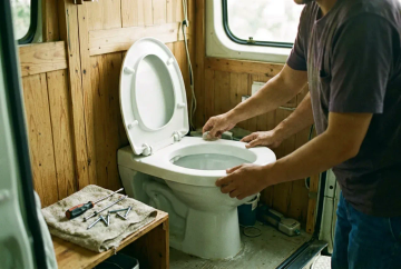 Innenraum-Werkstattszene mit Händen, die eine Trockentrenntoilette in einen Kastenwagen einbauen