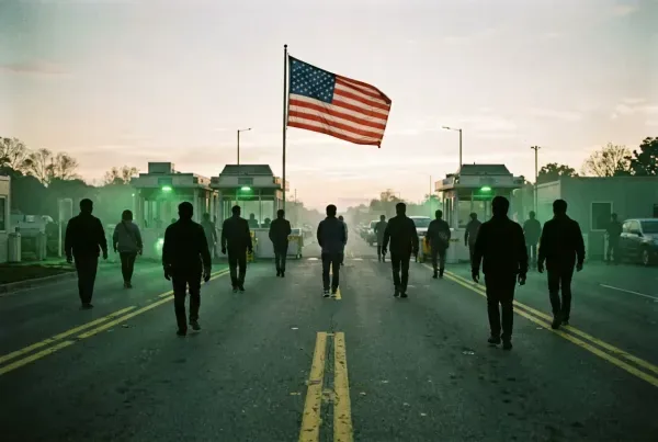US-Grenzübergang im Morgengrauen mit US-Flagge über leerer Zollspur und verblassten Markierungen