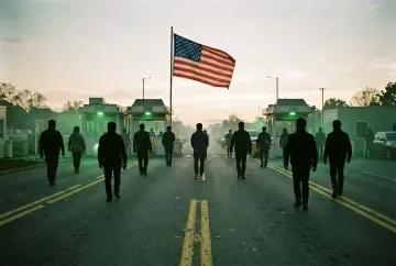 US-Grenzübergang im Morgengrauen mit US-Flagge über leerer Zollspur und verblassten Markierungen