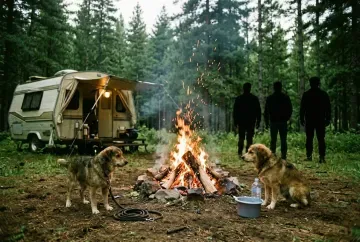 Lagerfeuer am Wohnwagen-Vorzelt am Abend mit Hundeleine und Wassernapf am Boden