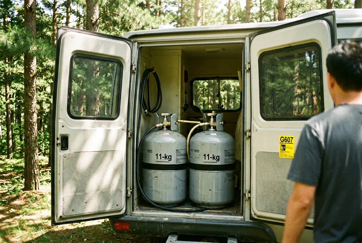 Geöffneter Gaskasten eines Wohnmobils mit zwei 11-kg-Flaschen