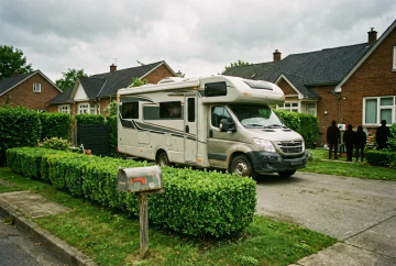 Wohnmobil in deutscher Vorgartenauffahrt mit gepflegter Hecke und Briefkasten unter bewölktem Himmel