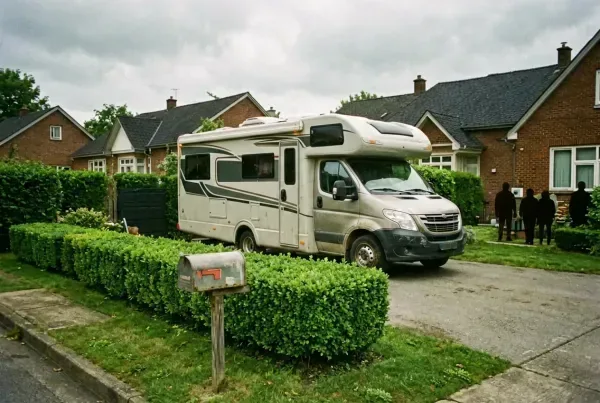 Wohnmobil in deutscher Vorgartenauffahrt mit gepflegter Hecke und Briefkasten unter bewölktem Himmel