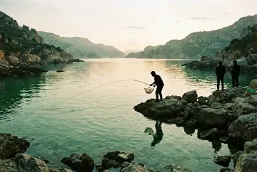 Costa-Brava-Bucht im ersten Licht mit Angler-Silhouette auf den Felsen