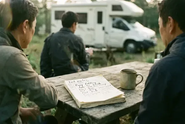 Camping-Tagesbudget in einem Notizbuch auf einem Stellplatz mit Tasse Kaffee
