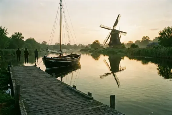 Kanal in Zeeland im Abendlicht mit niederländischem Segelboot und Mühlenspiegelung im Wasser
