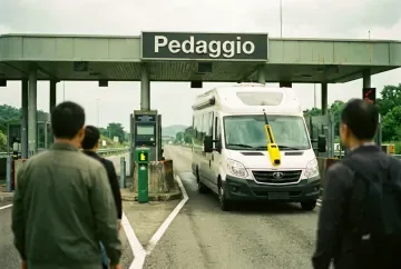 Mautstation auf einer italienischen Autobahn mit Wohnmobil in der Spur