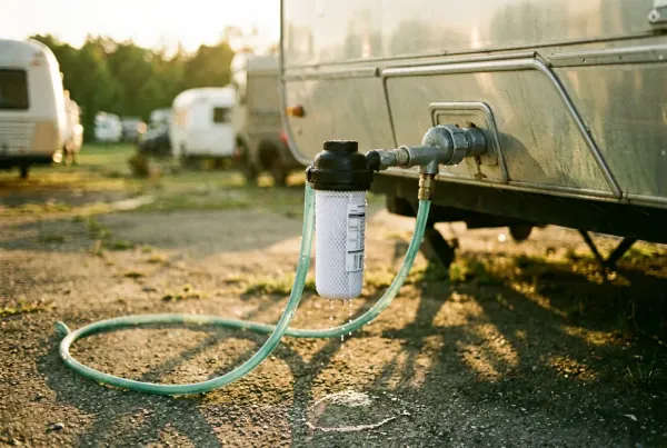 Wohnmobil-Wasseranschluss mit Filter beim Befüllen am Stellplatz