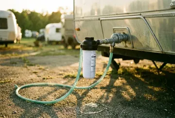 Wohnmobil-Wasseranschluss mit Filter beim Befüllen am Stellplatz