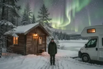 Wohnmobil neben Holzsauna an einem zugefrorenen See in finnischem Lappland mit grünem Nordlicht am Himmel
