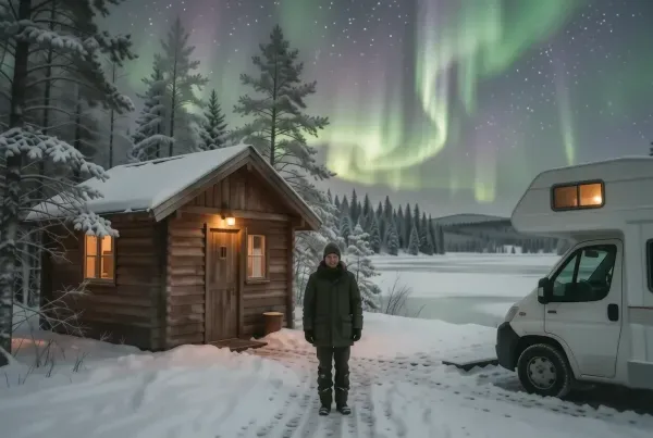 Wohnmobil neben Holzsauna an einem zugefrorenen See in finnischem Lappland mit grünem Nordlicht am Himmel