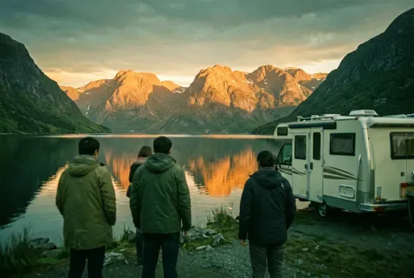 Wohnmobil an einem Fjord auf den Lofoten Norwegen mit Mitternachtssonne