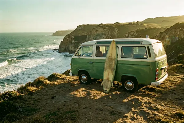 Wohnmobil-Stellplatz an der Algarve im Winter mit Surfbrettern