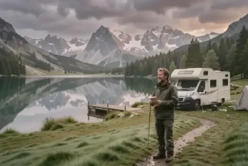 Wohnmobil-Stellplatz am Hopfensee im Allgäu mit Spiegelung der Berge im Wasser am frühen Morgen