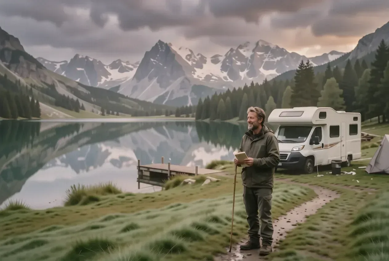 Wohnmobil-Stellplatz am Hopfensee im Allgäu mit Spiegelung der Berge im Wasser am frühen Morgen