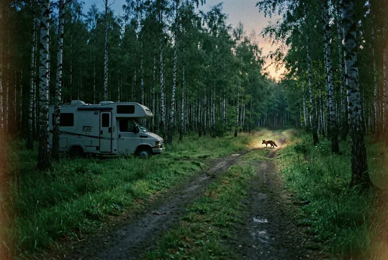 Karelische Waldlichtung in Mitternachtsdämmerung mit Wohnmobilsilhouette neben Birkenhain und Fuchs auf Pfad