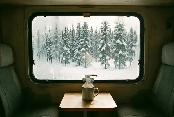 Blick durch beschlagenes Wohnmobilfenster auf verschneiten Kiefernwald mit dampfender Tasse