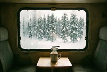 Blick durch beschlagenes Wohnmobilfenster auf verschneiten Kiefernwald mit dampfender Tasse