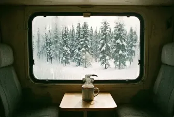 Blick durch beschlagenes Wohnmobilfenster auf verschneiten Kiefernwald mit dampfender Tasse