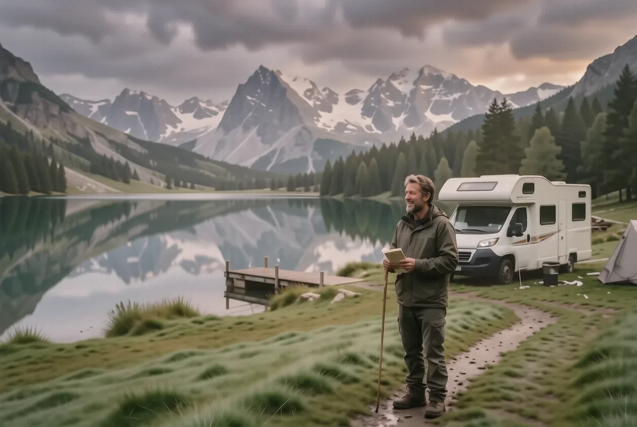 Wohnmobil-Stellplatz am Hopfensee im Allgäu mit Spiegelung der Berge im Wasser am frühen Morgen