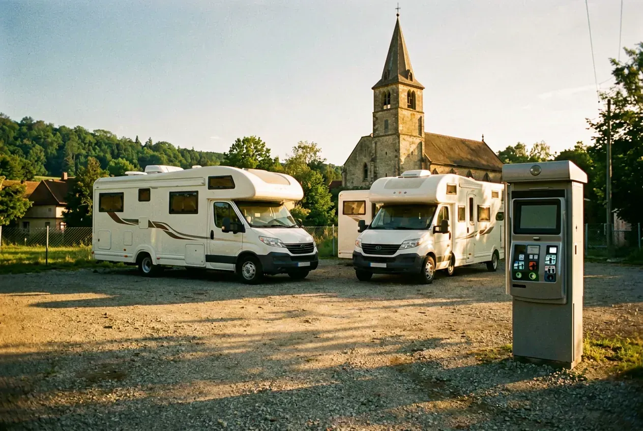 Wohnmobil auf einem kommunalen Stellplatz an der Ostsee bei Sonnenuntergang