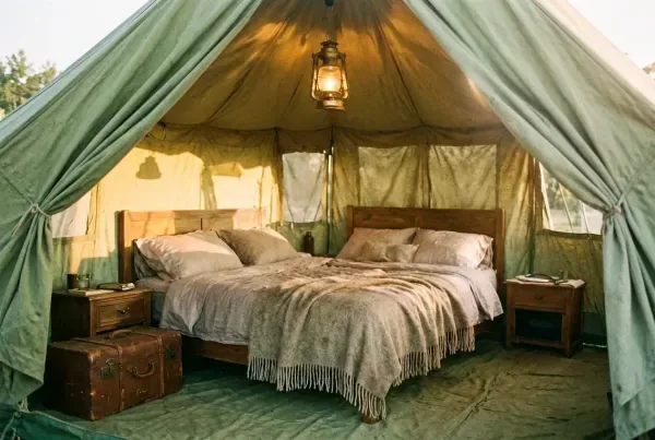 Luxuriöses Zeltinnenleben mit Doppelbett, Laterne und Vintage-Koffer als Nachttisch