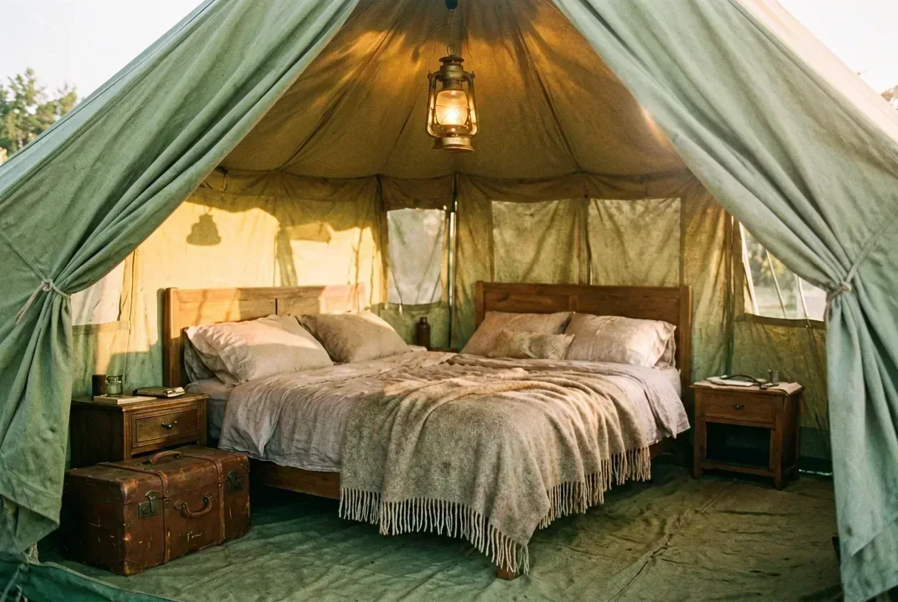 Luxuriöses Zeltinnenleben mit Doppelbett, Laterne und Vintage-Koffer als Nachttisch