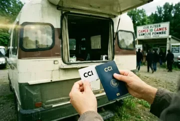Camper von hinten am Empfangsfenster eines französischen Campingplatzes mit CCI-Karte und Reisepass in der Hand