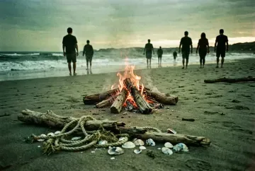 Treibholzfeuer am bretonischen Strand in der Dämmerung mit Tau und angespültem Seil