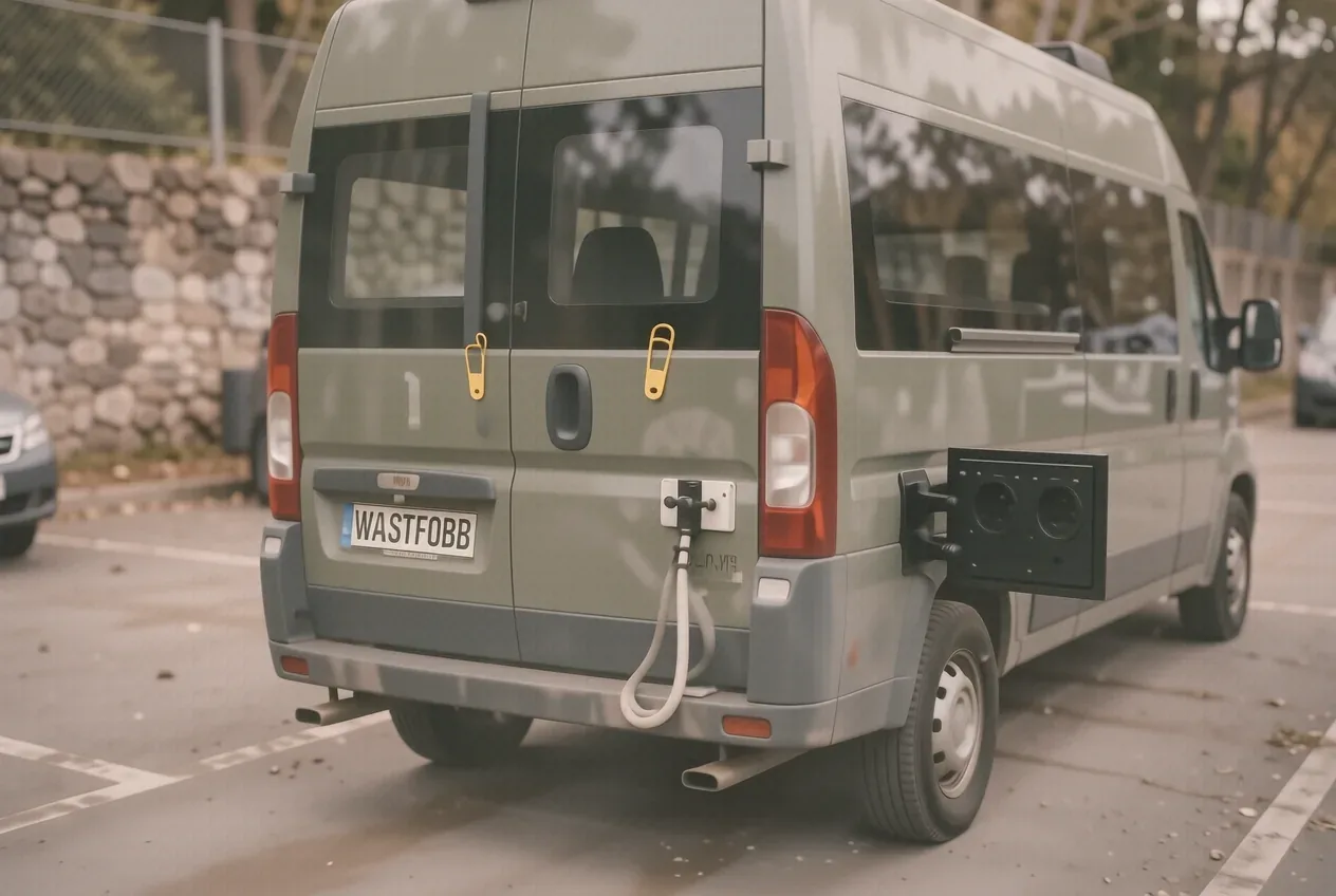 Abnehmbare Westfalia-Anhängerkupplung am Wohnmobilheck mit gelbem Sicherungspilz und 13-poliger Steckdose