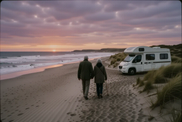 Älteres Paar von hinten am Strand neben Wohnmobil bei Sonnenuntergang an der dänischen Nordseeküste