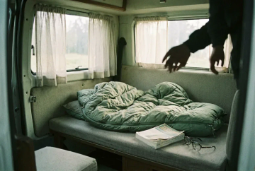 Morgenstimmung im Kompakt-Campervan mit Schlafsack, Taschenbuch und Lesebrille