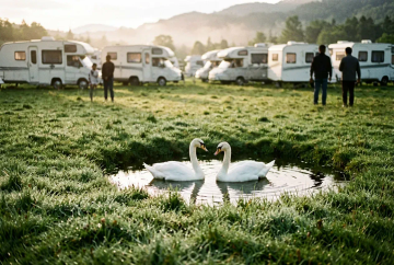 Bayerische Stellplatzwiese im ersten Licht mit Schwänen auf kleinem Teich und Tau auf Gras