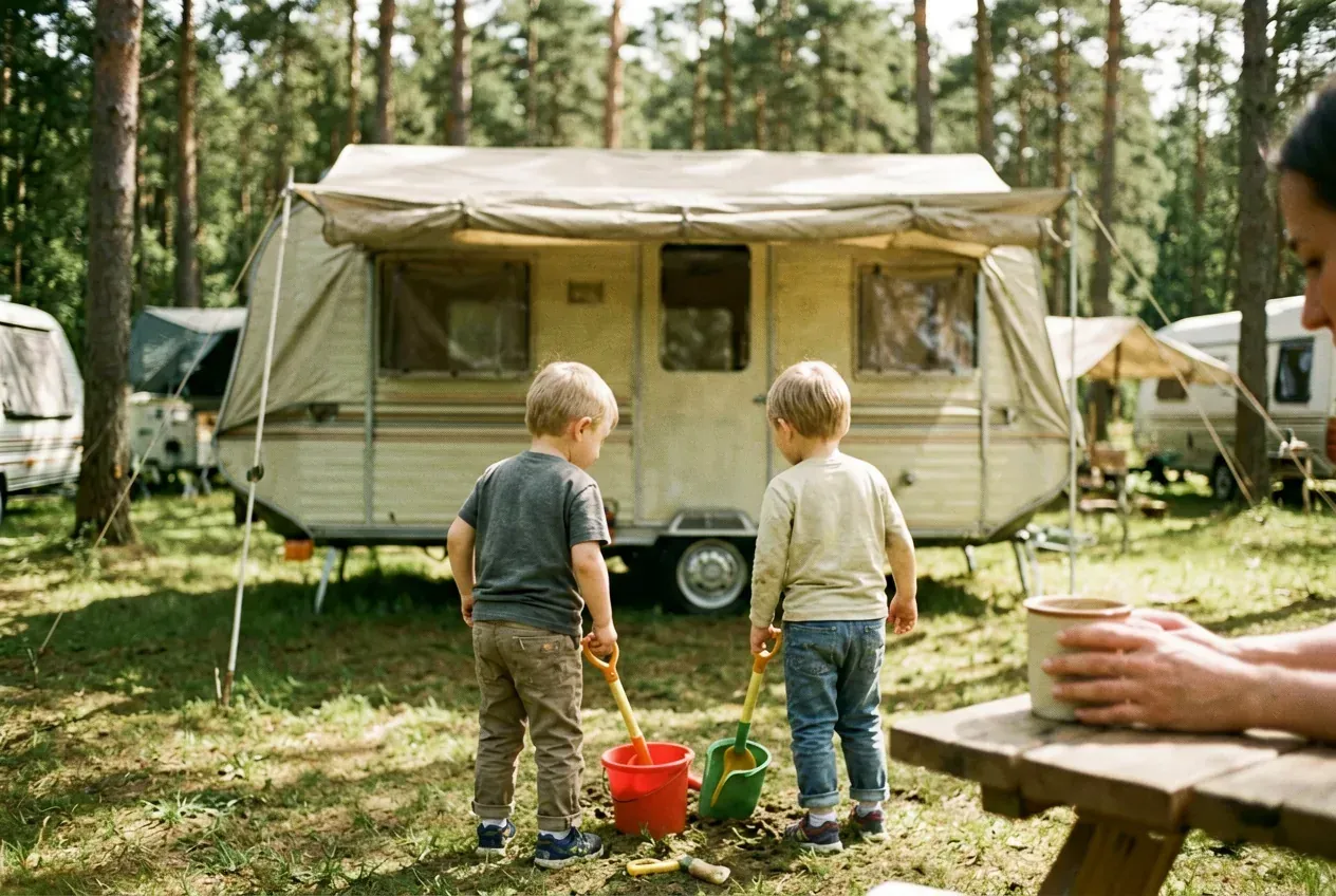 Zwei Kinder spielen mit Eimer und Schaufel vor einem Caravan-Vorzelt