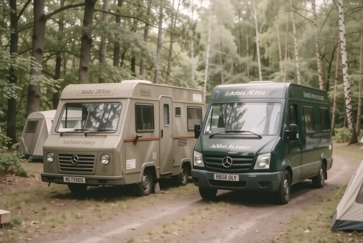 Hobby De Luxe und Adria Altea Wohnwagen nebeneinander auf norddeutscher Camping-Wiese
