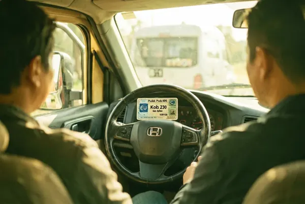 Lenkrad eines Wohnmobils mit Führerschein-Karte daneben