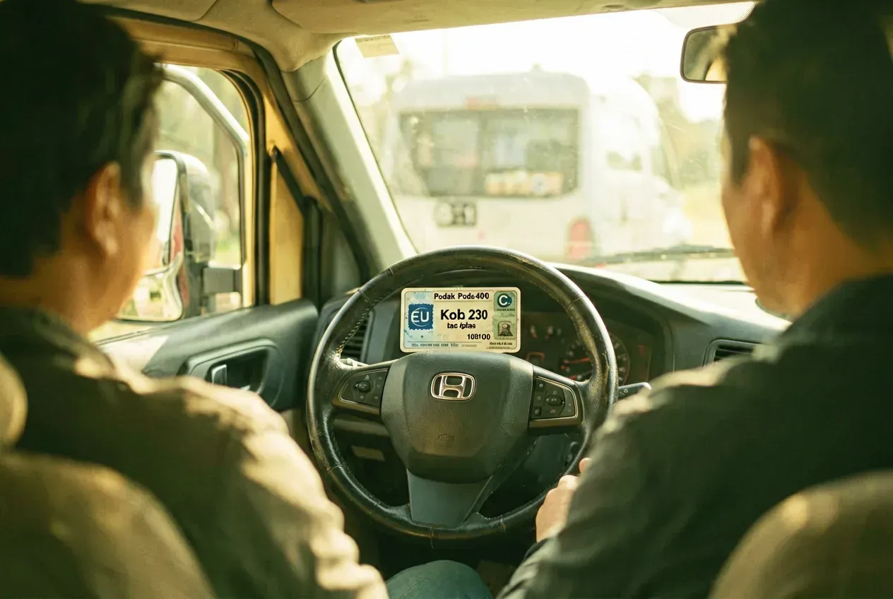 Lenkrad eines Wohnmobils mit Führerschein-Karte daneben