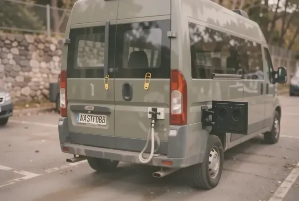 Abnehmbare Westfalia-Anhängerkupplung am Wohnmobilheck mit gelbem Sicherungspilz und 13-poliger Steckdose