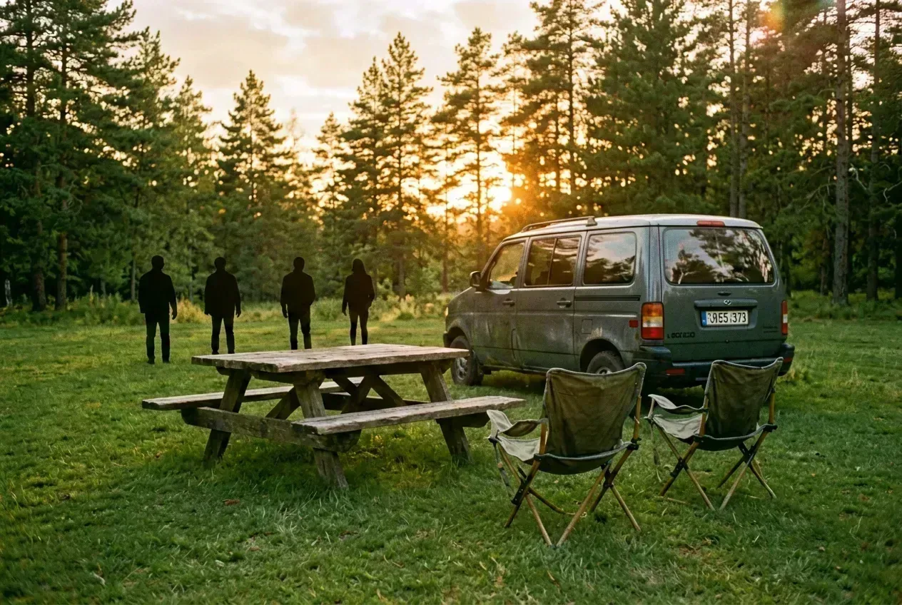 Stellplatz in der goldenen Stunde mit leerem Picknicktisch und deutschem Kennzeichen am Kastenwagen